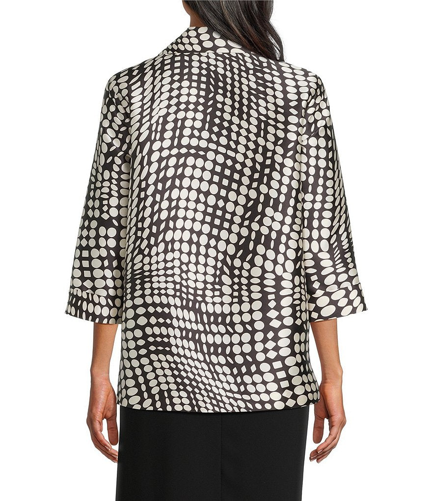 Caroline Rose abstract geo dot printed open-front jacket with geometric pattern and relaxed fit, displayed on a hanger.