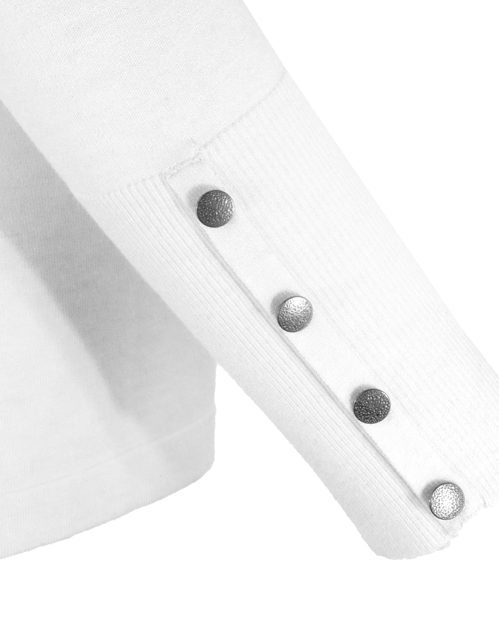 Close-up of a white sweater with metallic buttons on a white background