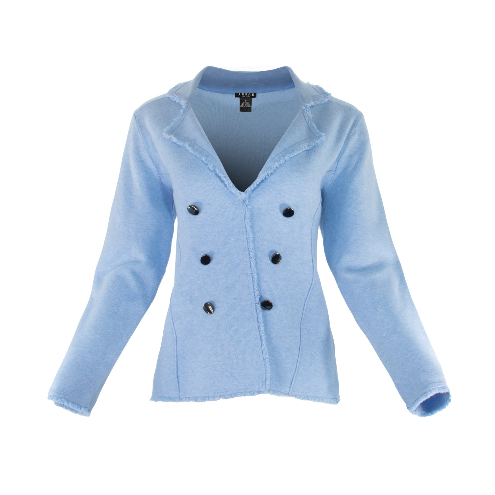 Light blue cardigan with black buttons on a white background