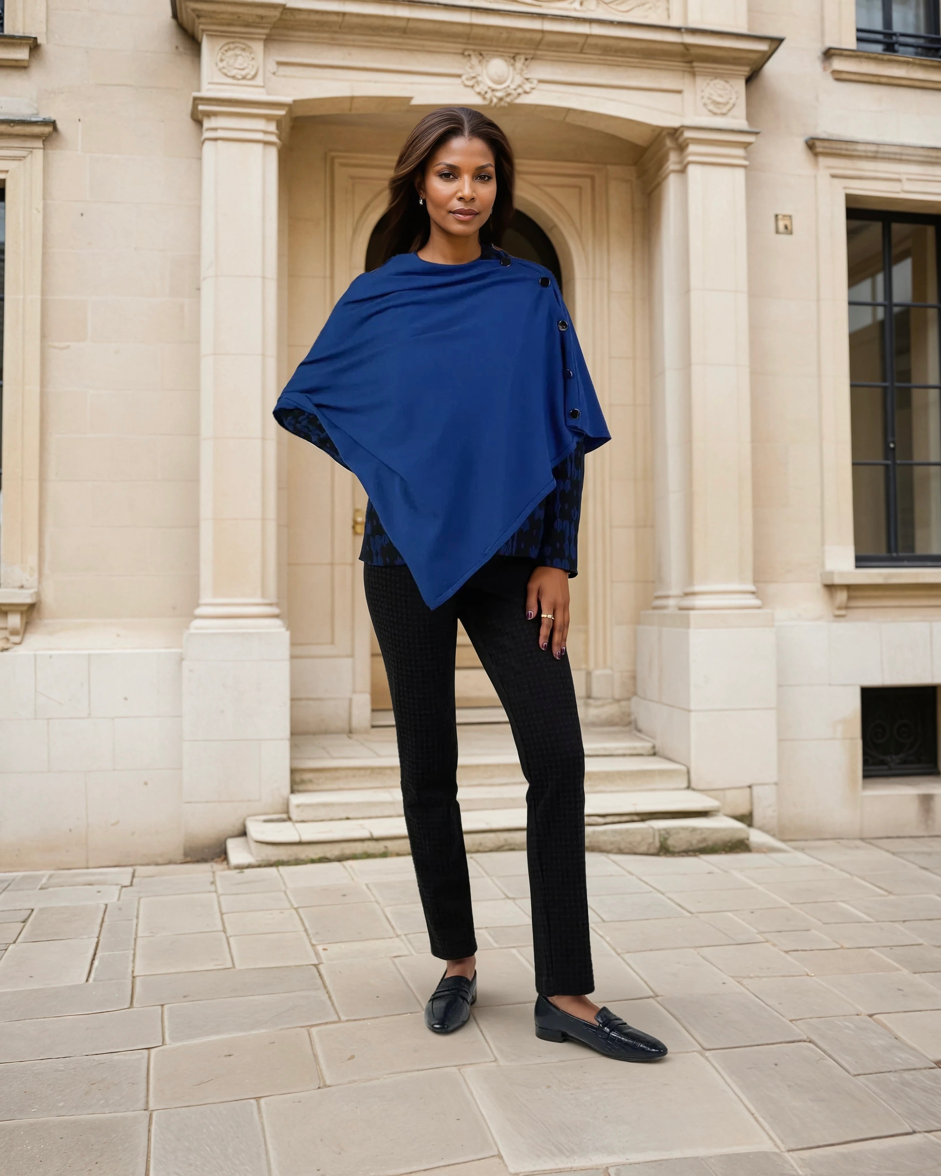 Woman wearing a blue poncho over a black outfit in front of a classical building.