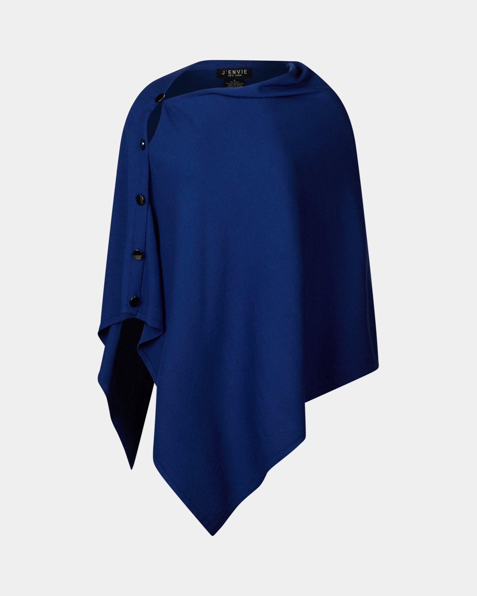 Blue poncho with button details on a light gray background