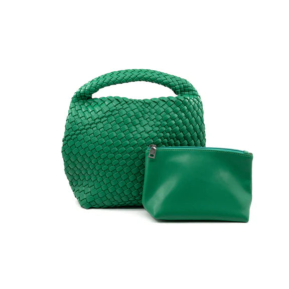Mini woven bag by BC HANDBAGS in emerald green with a textured woven design and compact hand-held style.
