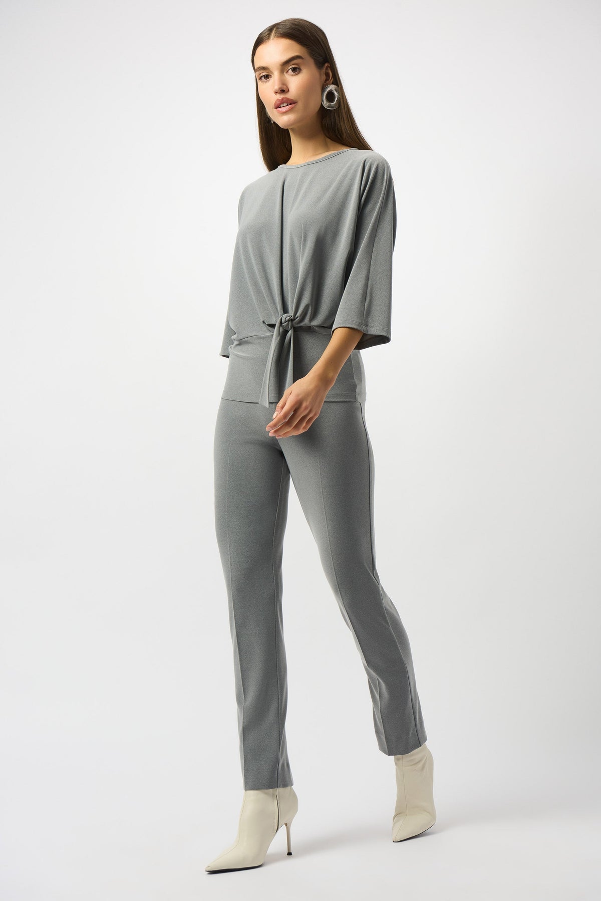 Gray Melange Silky Knit Straight Leg Pants by Joseph Ribkoff, featuring a smooth fabric and tailored fit.
