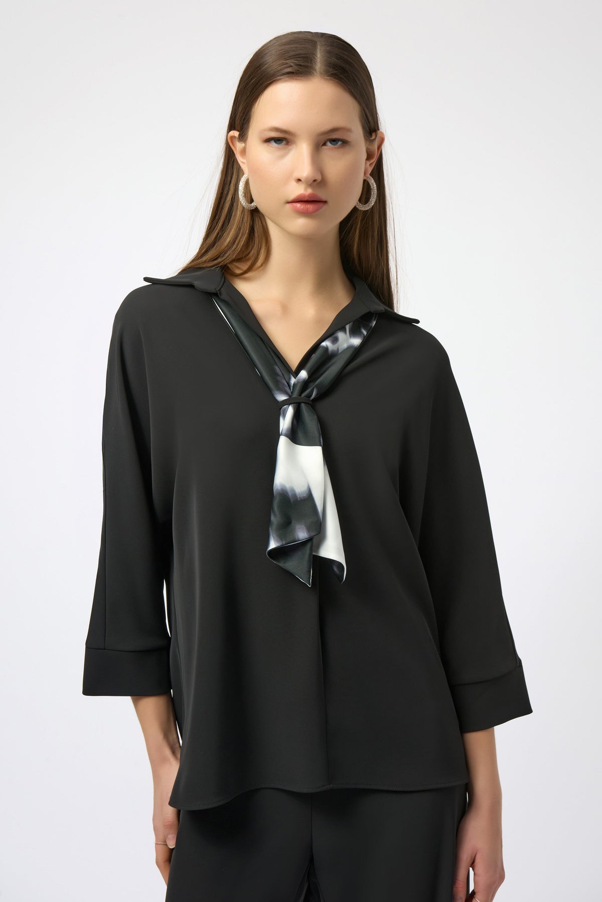 Joseph Ribkoff | Woven Boxy Top With Printed Scarf - Evelyne Talman