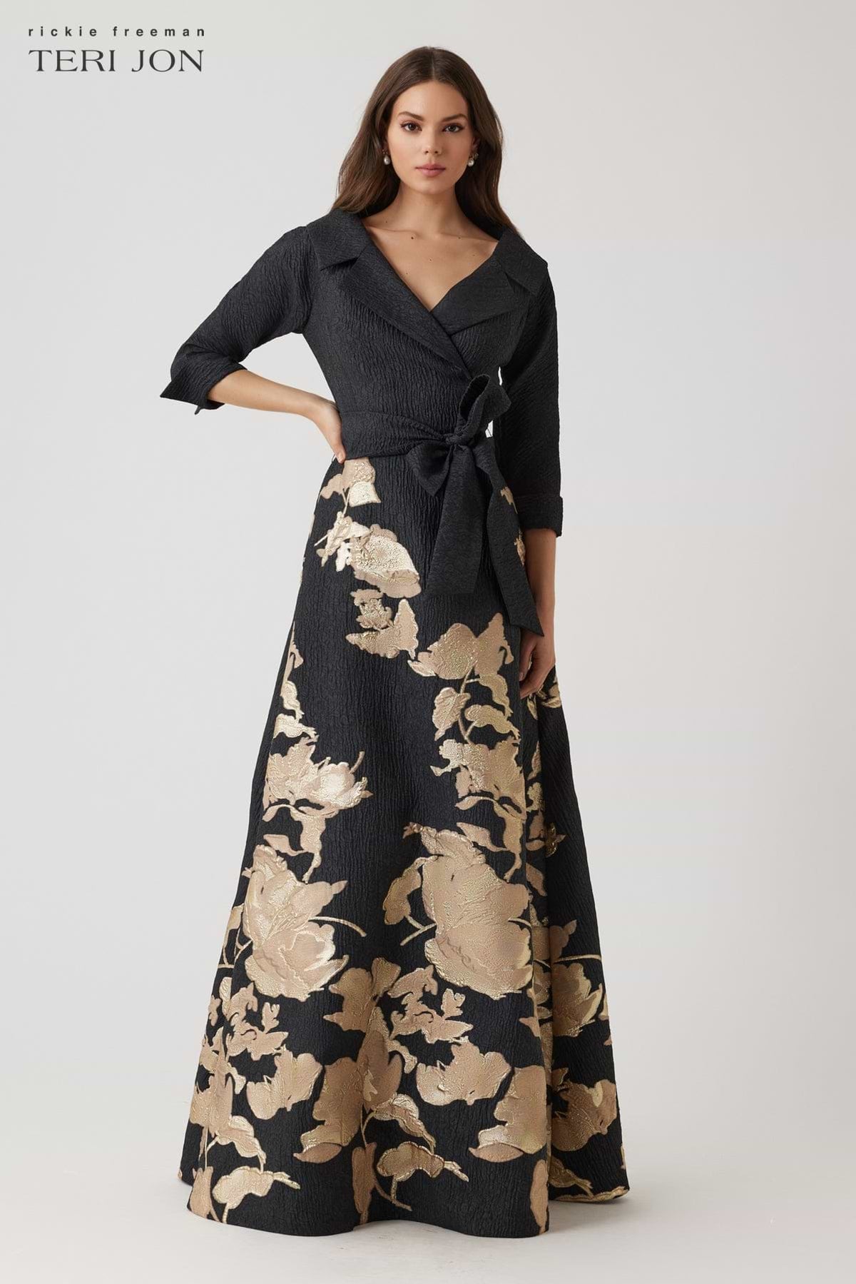 Teri Jon | Metallic Jacquard Floral Shirtdress Gown - Evelyne Talman