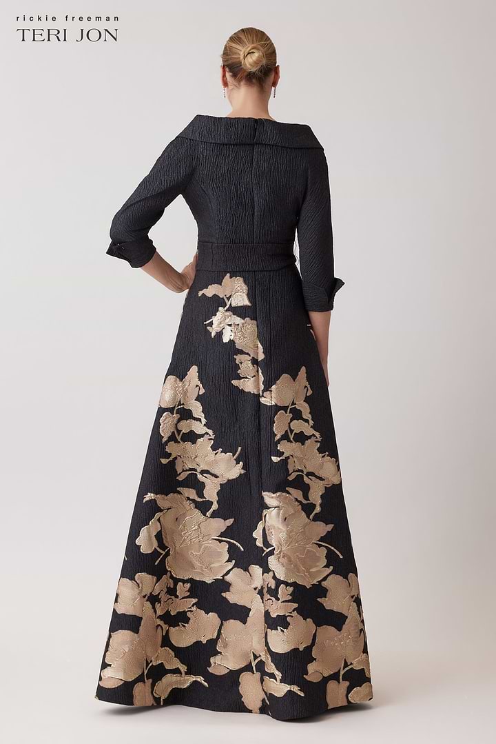 Teri Jon | Metallic Jacquard Floral Shirtdress Gown - Evelyne Talman