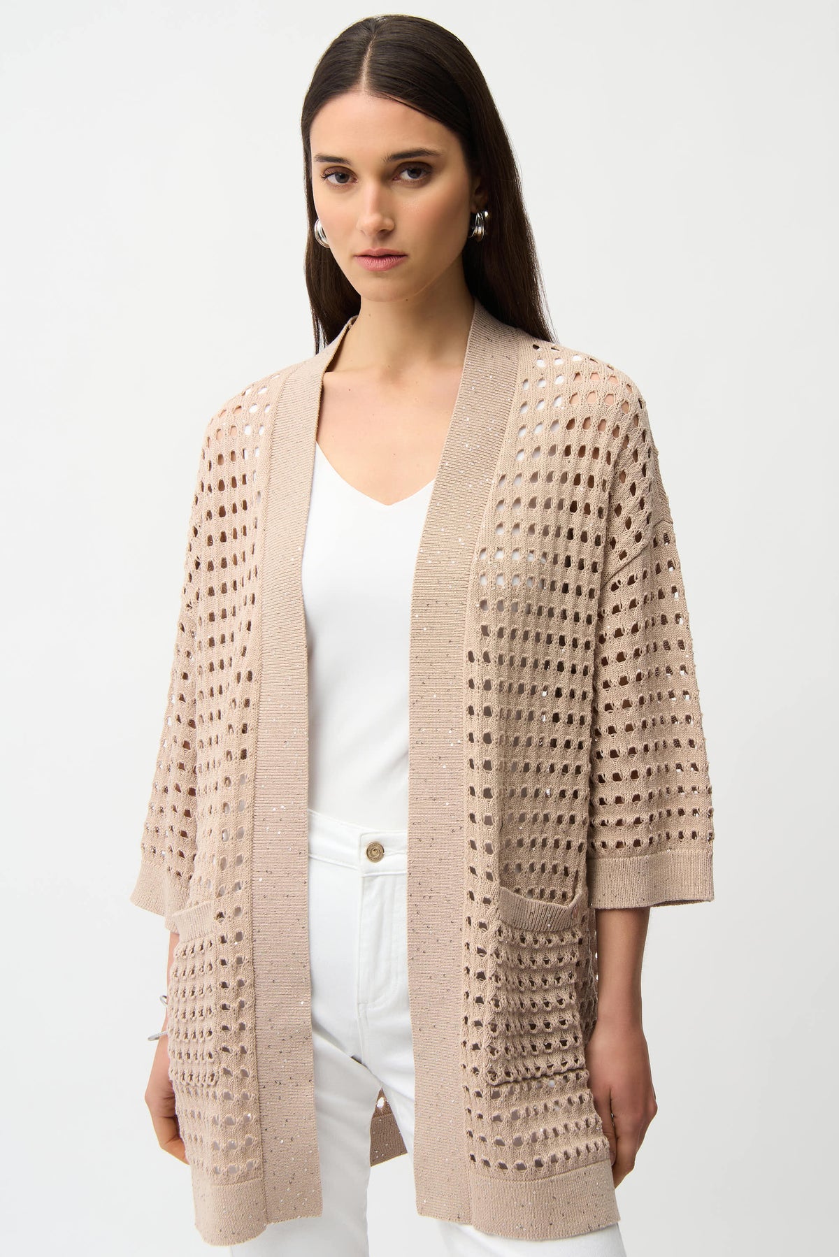 Joseph Ribkoff boxy cardigan in a neutral color, featuring a relaxed fit and open front design.