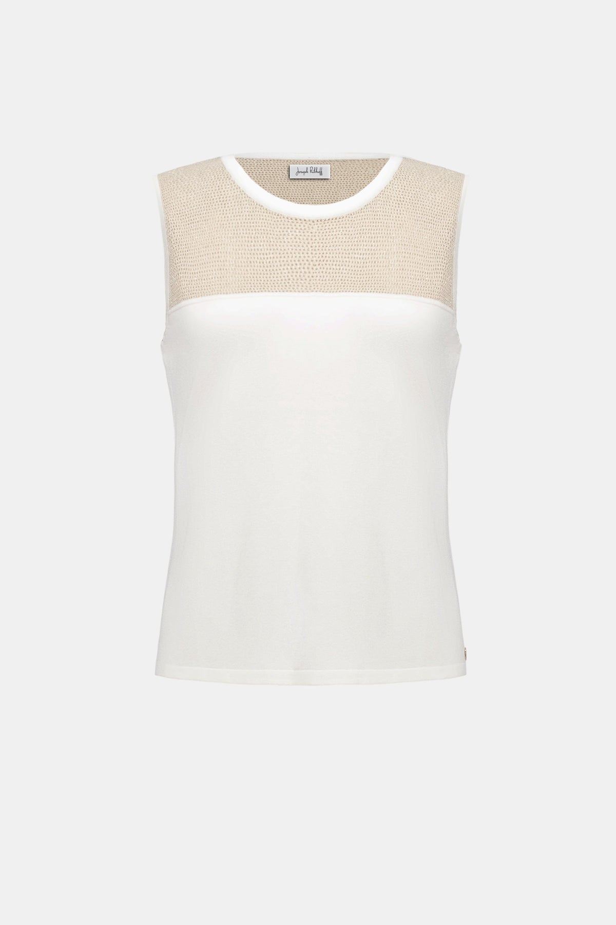 Joseph Ribkoff sleeveless crew neck pullover top in a soft fabric, showcased on a hanger with a neutral background.