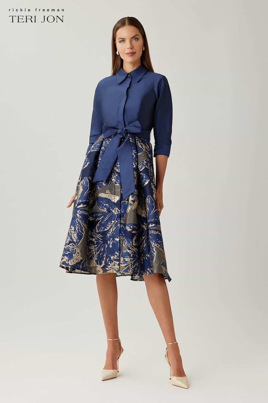 Teri Jon metallic floral taffeta jacquard dress with shirt waist design, elegant and stylish for special occasions.