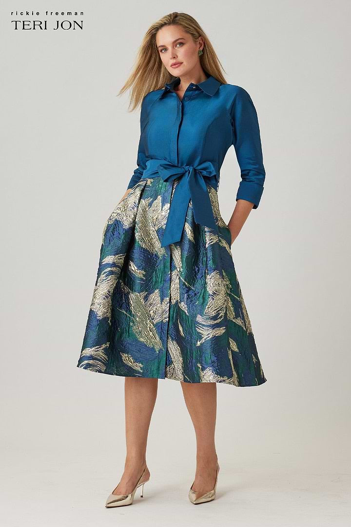 Taffeta Shirt Dress With Metallic Jacquard Skirt