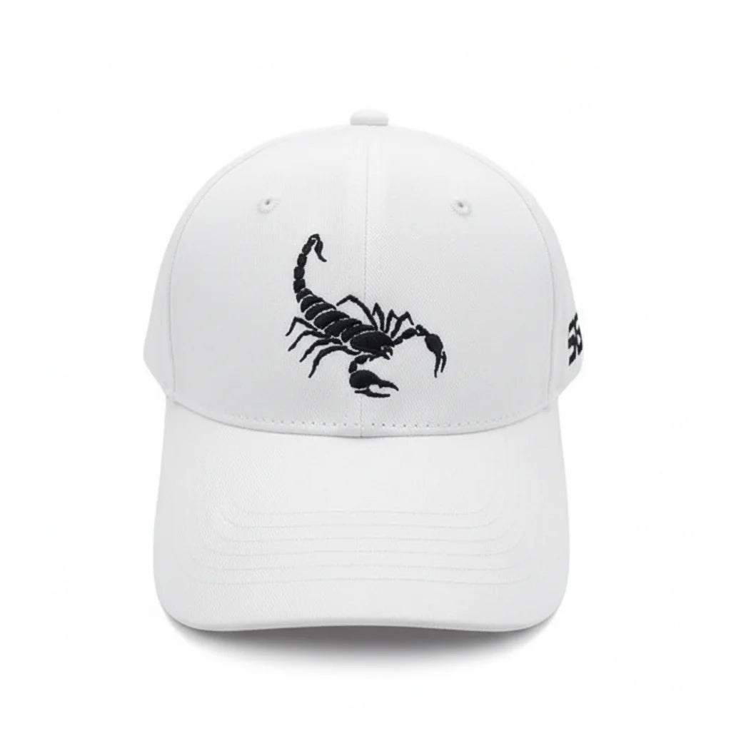 White Scorpions Baseball Hat by Scorpion Gear featuring a structured crown and curved brim in a casual, sporty style.