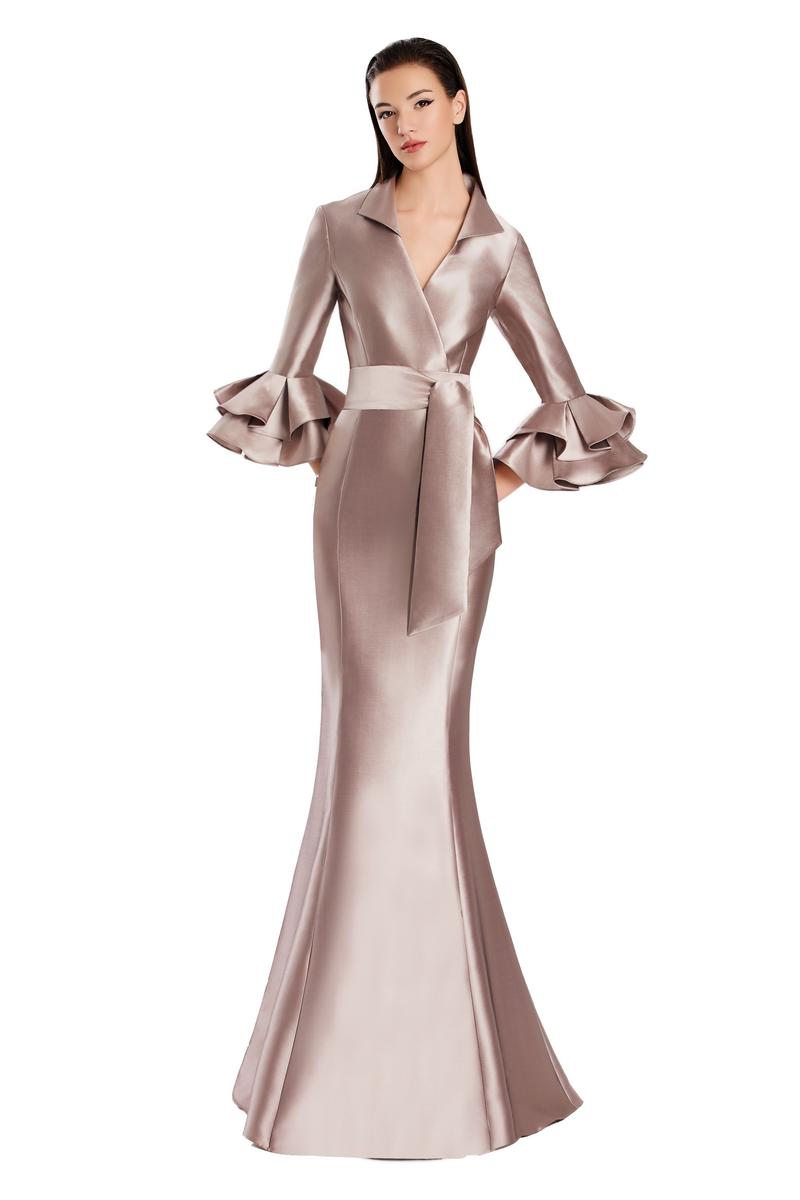 Daymor Couture M.O.B. shirt gown with flounce sleeves in icy mauve, featuring a flowing, elegant design for special occasions.
