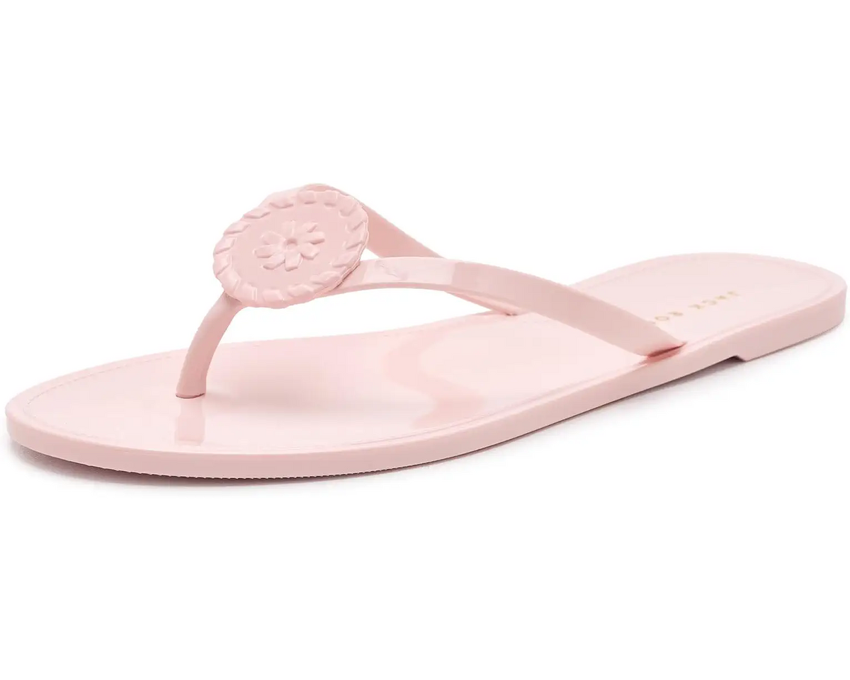 Jack Rogers Roxy Jelly shoes, colorful rubber footwear with a thong design and decorative side embellishments.