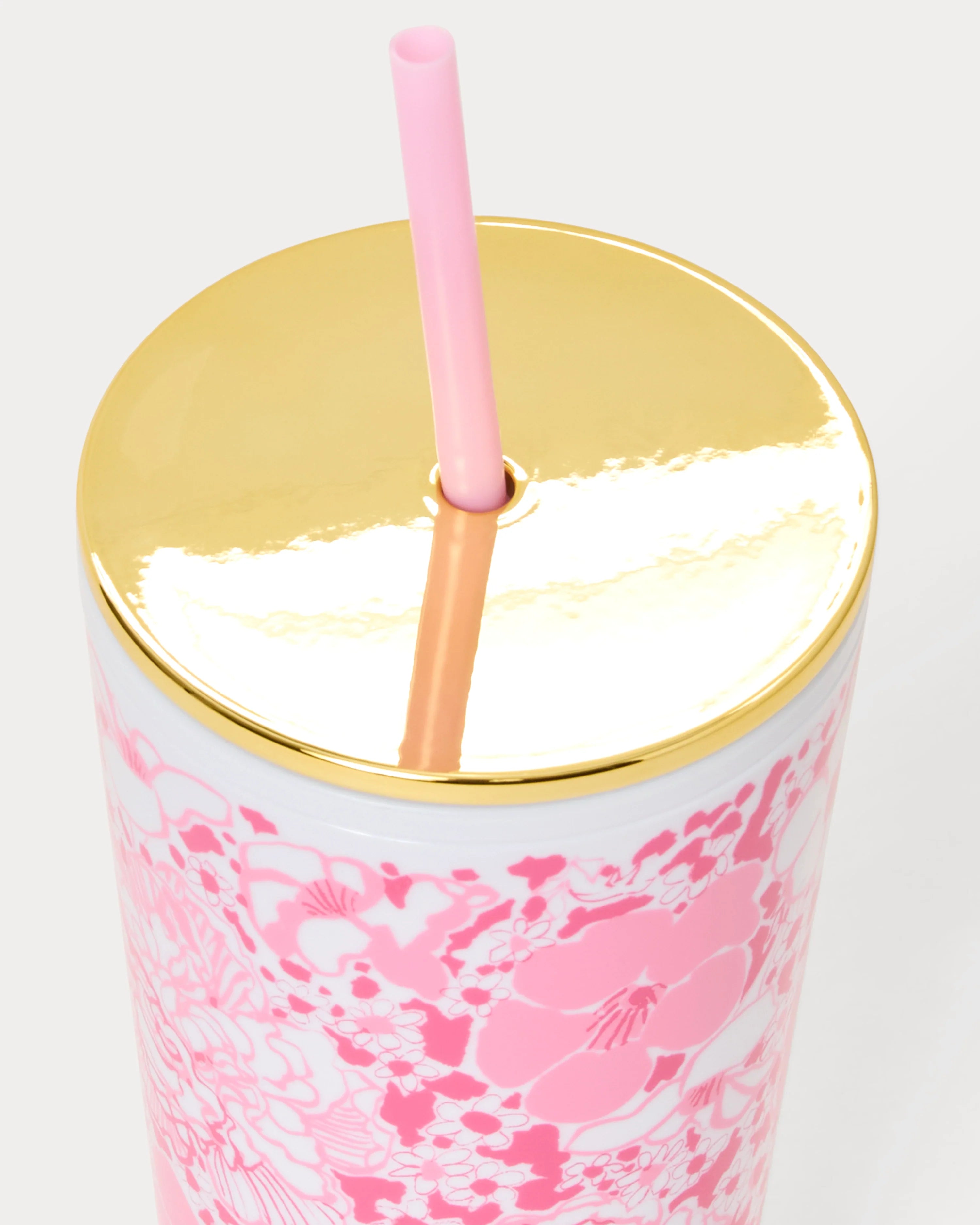 Lilly Pulitzer Tumbler with pink and white floral pattern Color: Conch Shell Pink Burst Of Joy