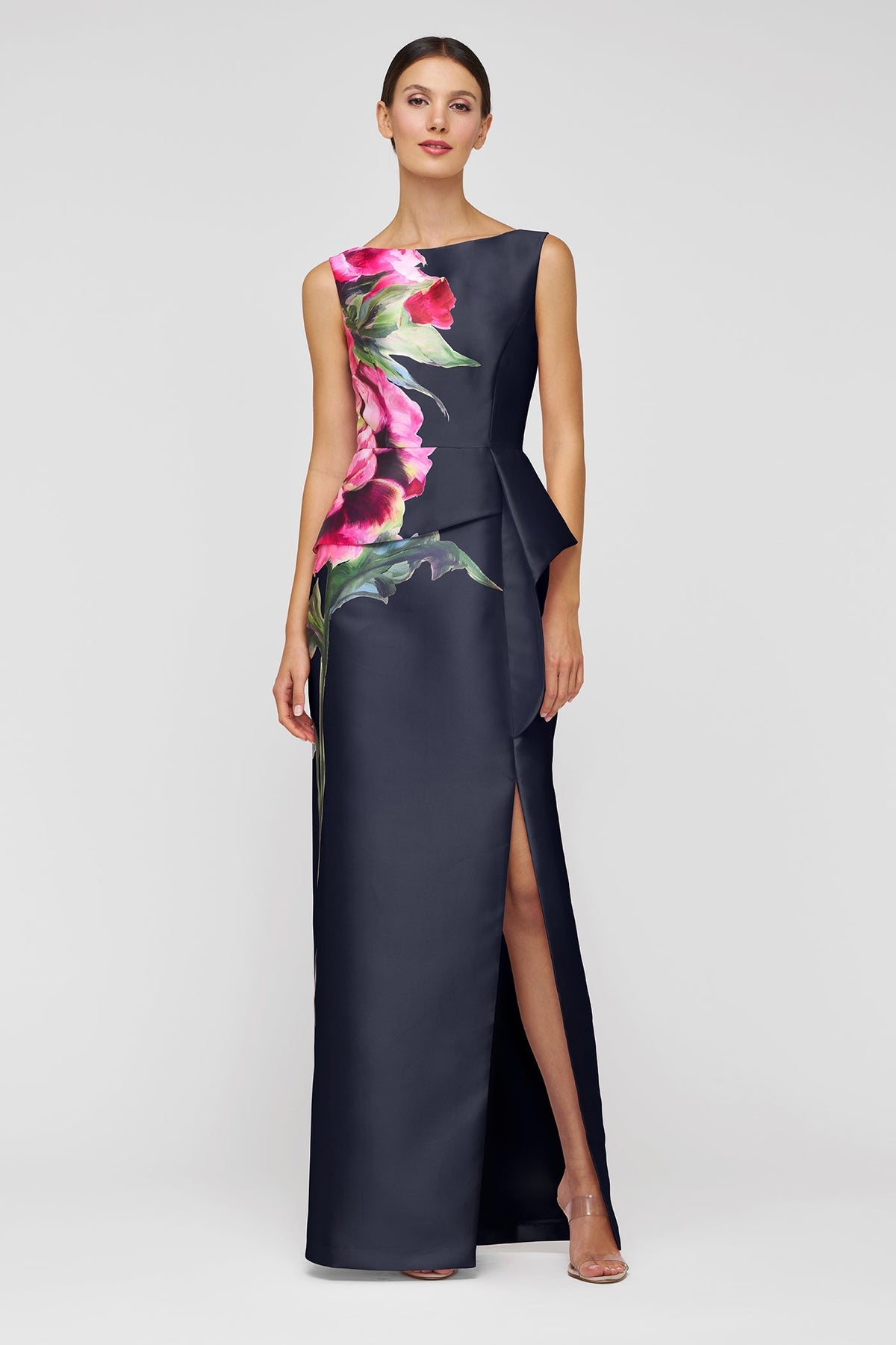 KAY UNGER Luciana Column Gown, elegant dress with fitted silhouette and flowing fabric, showcased on a model.