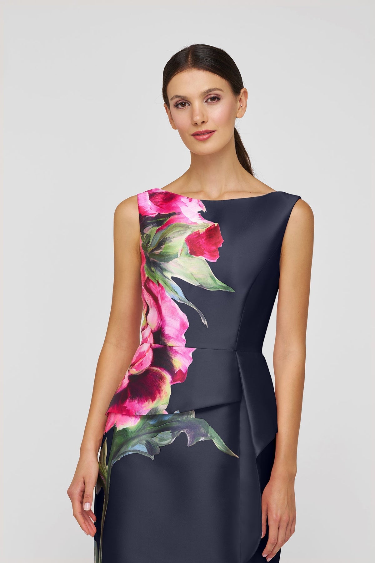 KAY UNGER Luciana Column Gown, elegant evening dress with a fitted silhouette and intricate fabric details.