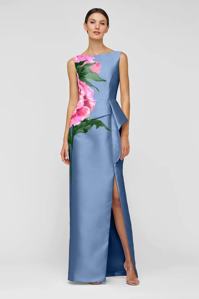 Elegant Luciana Column Gown by Kay Unger featuring a sleek, fitted silhouette and intricate fabric details.