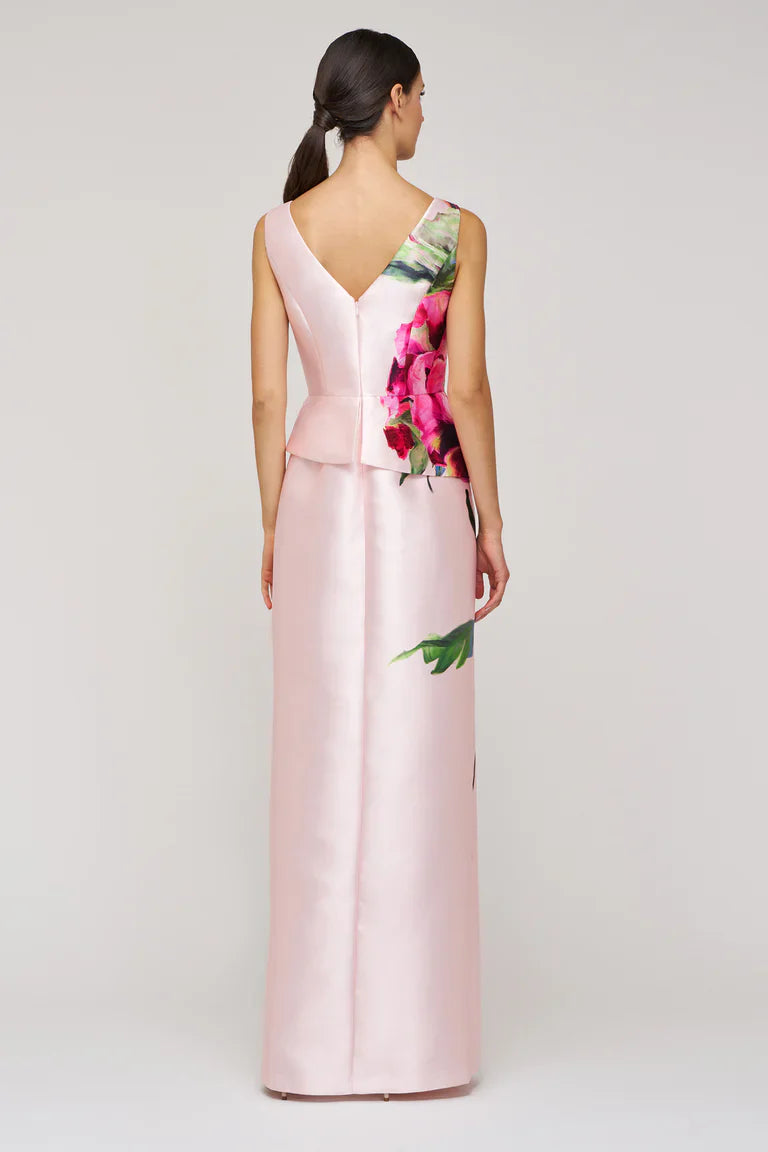KAY UNGER Luciana Column Gown, elegant long dress with fitted silhouette and sleek fabric, displayed on a mannequin.