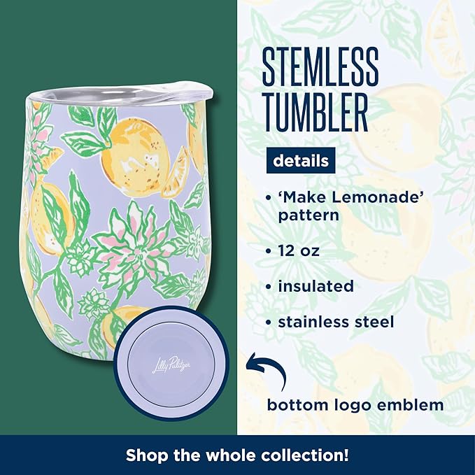 Lifeguard Press insulated stemless tumbler with lemon design, featuring a sleek stainless steel body and black lid for hot or cold drinks.
