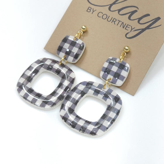 Black Gingham Square Earrings
