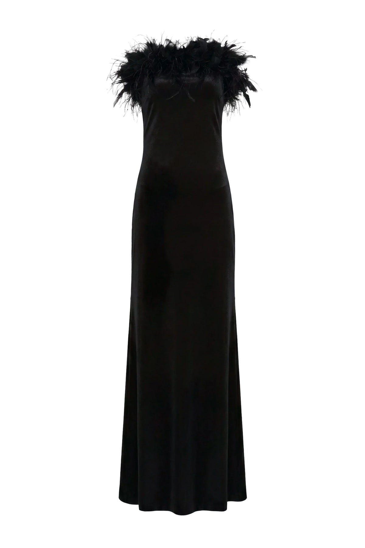 The Amanda Uprichard Ella Gown in black, a rich plush velvet. Strapless and finished with an ostrich feather trim at the neckline. Style No. VE-23164