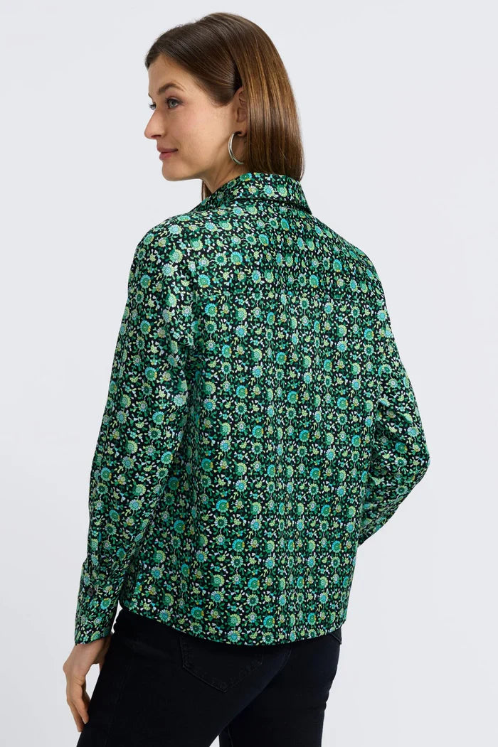 FoXCROFT Bella LS Top, stylish long-sleeve blouse in soft fabric, displayed on a hanger.