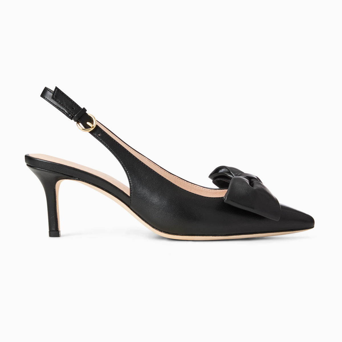 Black high-heeled slingback shoe with a bow on a white background