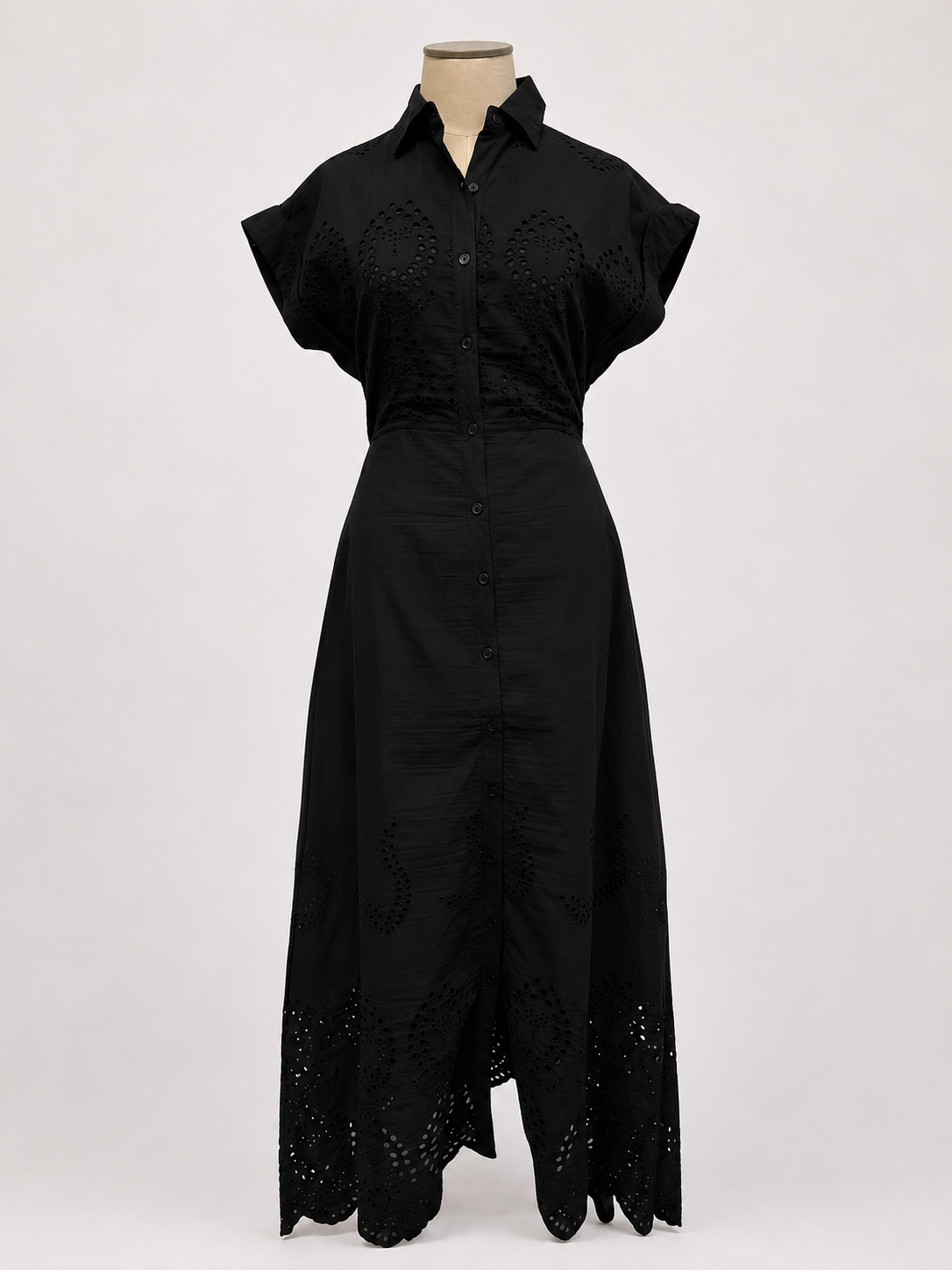 Black Savannah Poplin Eyelet Maxi Dress black short-sleeve maxi dress with a tie waist and eyelet lace details