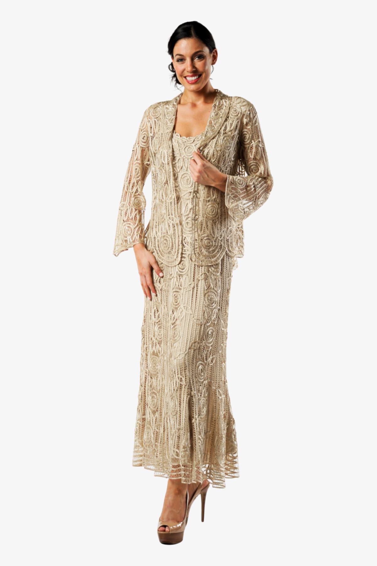 Elegant silk crochet embroidered jacket and skirt set by SOULMATES in champagne, showcasing intricate hand-embroidery and luxurious fabric.