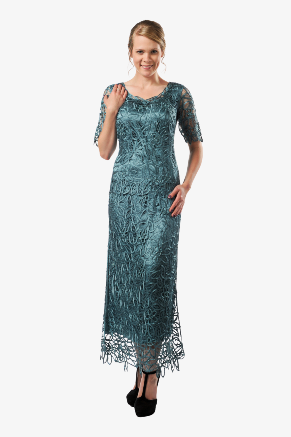 Soulmates | Hand Lace Silver Beaded Short Sleeve Top with Skirt Set - Evelyne Talman