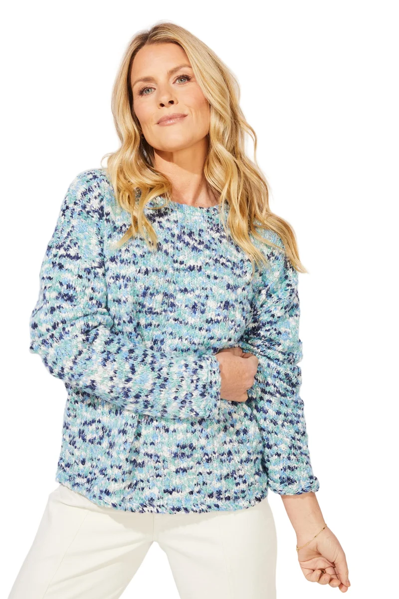 Woman ESCAPE BY HABITAT SPECKLED ECLIPSE COZY PULLOVER SWEATER - 94001 Color Harbor a dotted patterned sweater