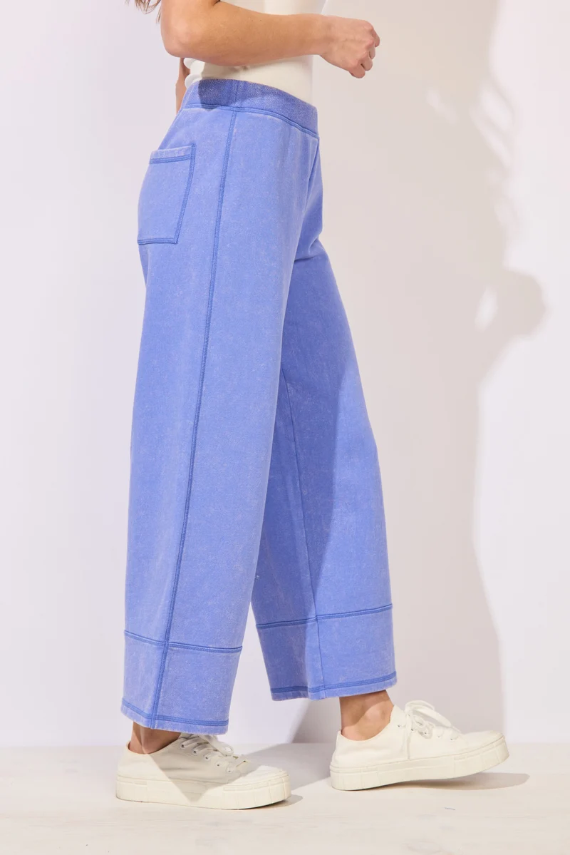 Women’s ESCAPE BY HABITAT COLOR WASHED TERRY CROPPED WIDE LEG - 68097 Color Baja Blue wide-leg cropped pants in a light periwinkle blue color