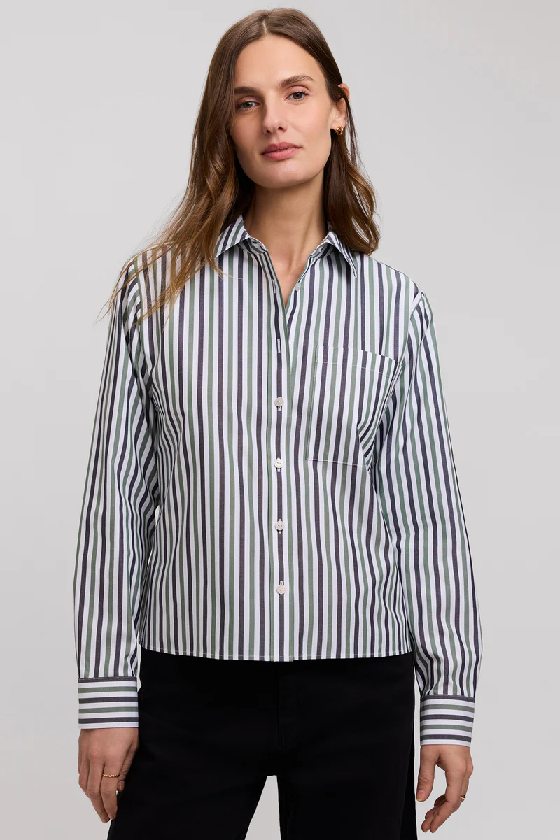 Women’s Foxcroft Jodie No Iron Pinpoint Stripe Long Sleeve Short Shirt Olive