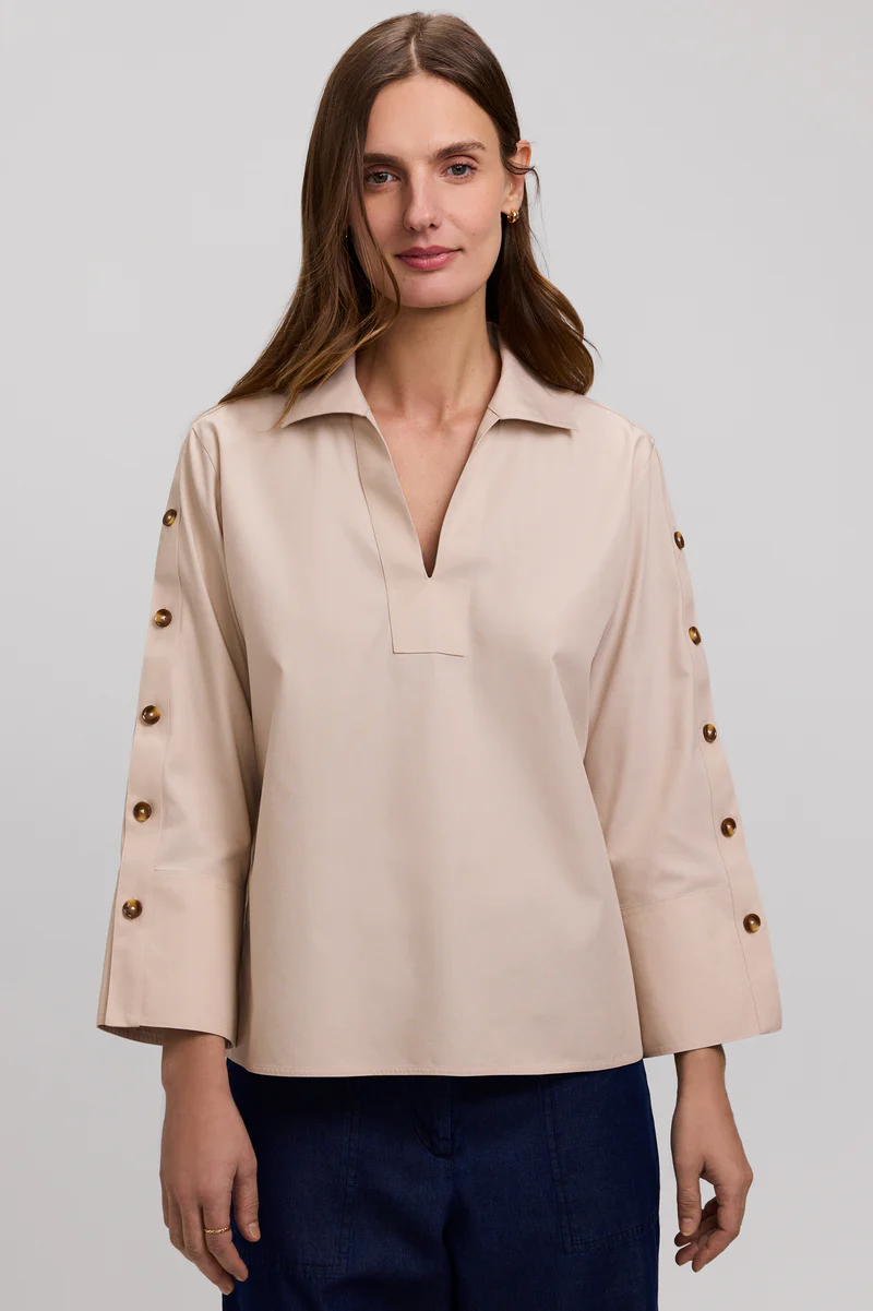 Women’s Foxcroft Lainey No Iron Pinpoint 3/4 Button Sleeve Shirt Light Khaki
