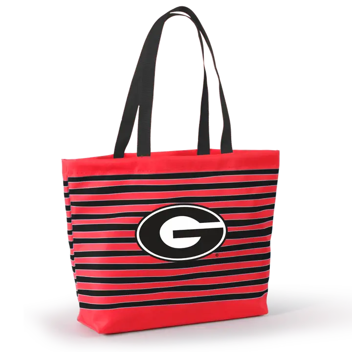 Georgia Tatum Tote Wavy Striped Tote red and black horizontally striped tote bag with black shoulder straps, featuring a large black and white Georgia Football &