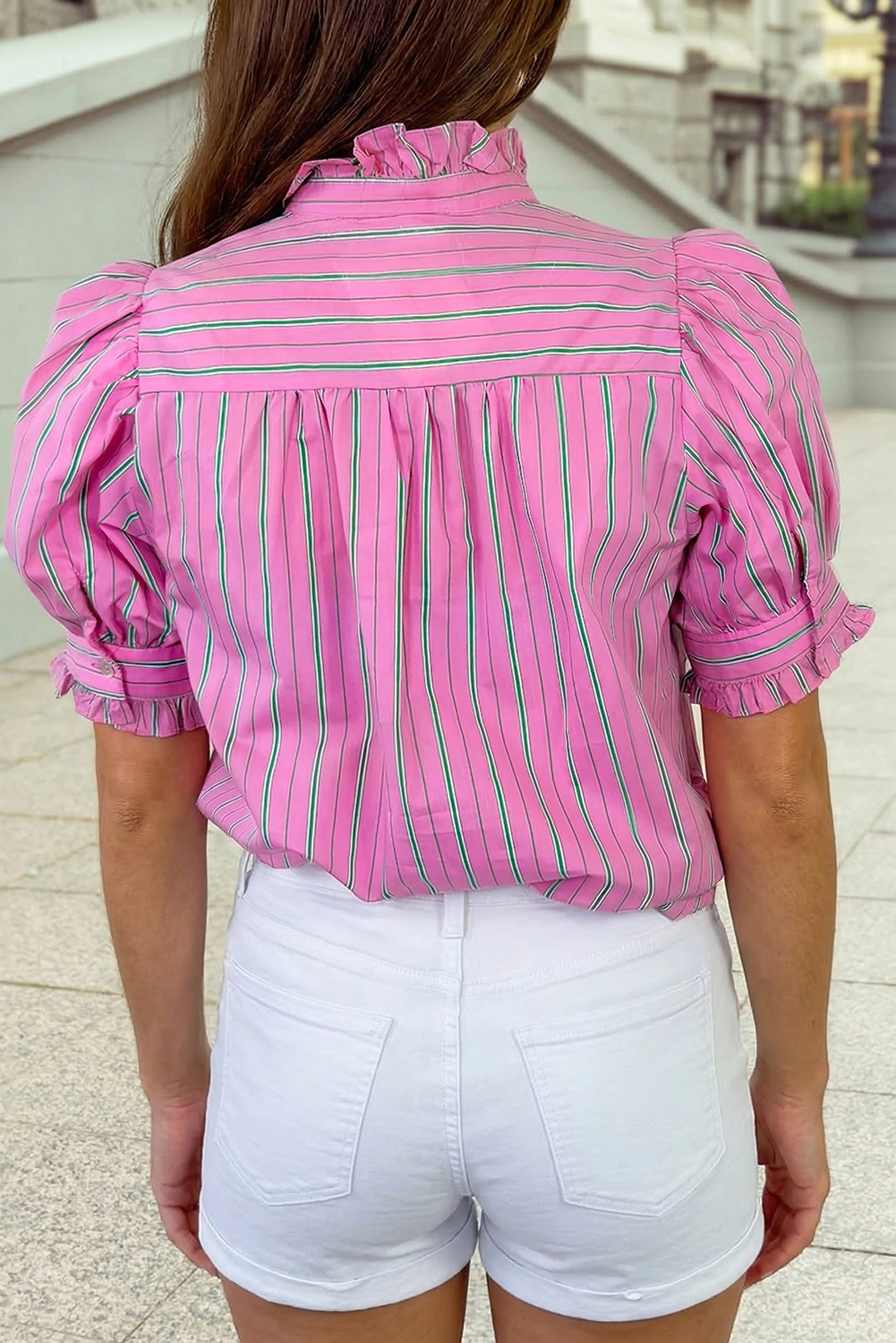 Women’s Half Button Ruffle Trim Short Puff Sleeve Blouse in Pink with green stripes