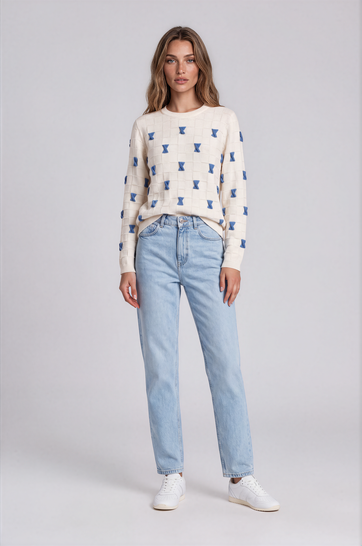 Ivory Sweater with Blue Bows