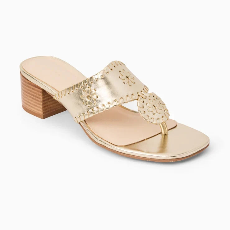Jack rogers Jacks City Heel Metallic Platinum metallic gold flat sandal with a block heel, featuring decorative cutout floral details on the strap and toe loop