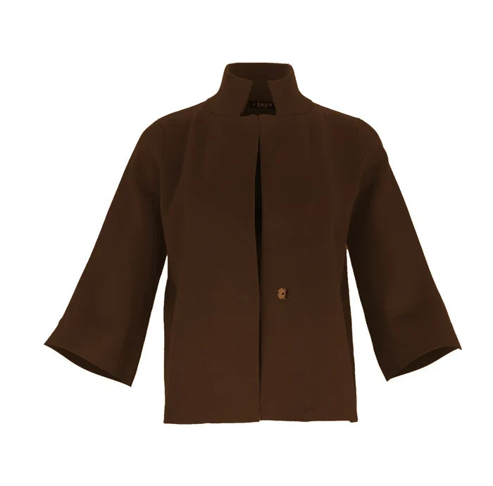 A woman modeling a brown cropped cape jacket with wide three-quarter sleeves by Jenvie The Bristol Jacket in French Toast Chocolate Brown