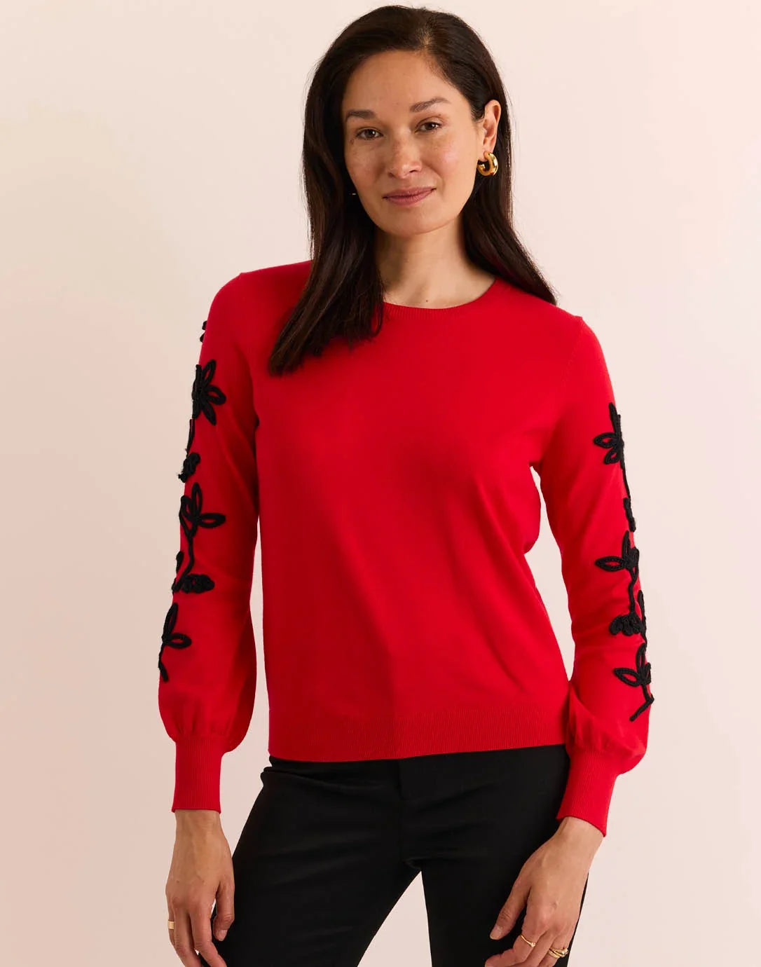 Kannon Long Sleeve Embroidered Sweater Scarlet red