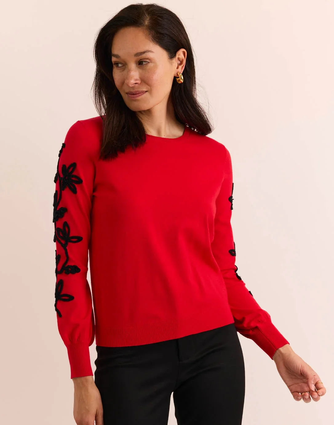Kannon Long Sleeve Embroidered Sweater Scarlet red