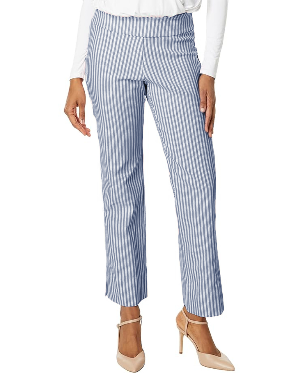 Krazy Larry | Pull-On Stripe Flared Ankle Pant - Linen Stripe Indigo - Evelyne Talman