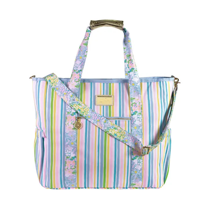 Lifeguard Press Cooler Bag, Lilly Garden Stripe multicolored striped cooler bag with floral pattern