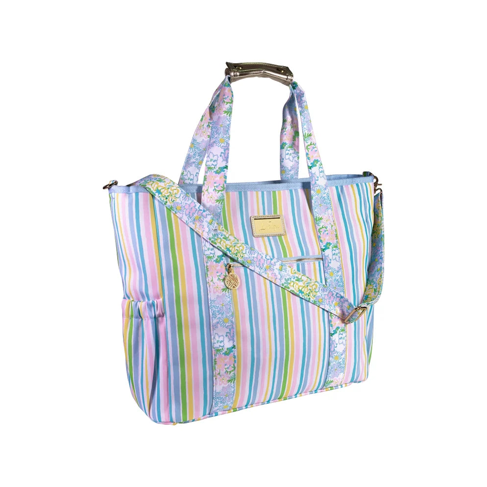 Lifeguard Press Cooler Bag, Lilly Garden Stripe multicolored striped cooler bag with floral pattern