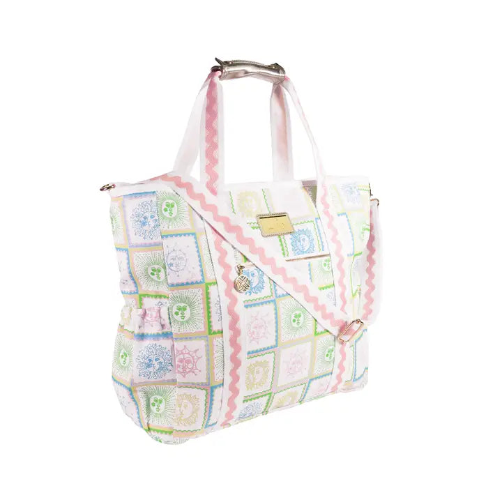Lifeguard Press Cooler Bag, Sun Tiles Home patterned tote cooler bag with a pink strap