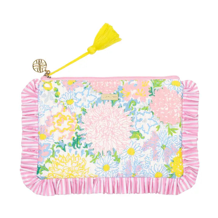 Lifeguard Press ruffle Pouch, Lilly Garden Home floral pouch with pink ruffle and yellow tassel on a white background