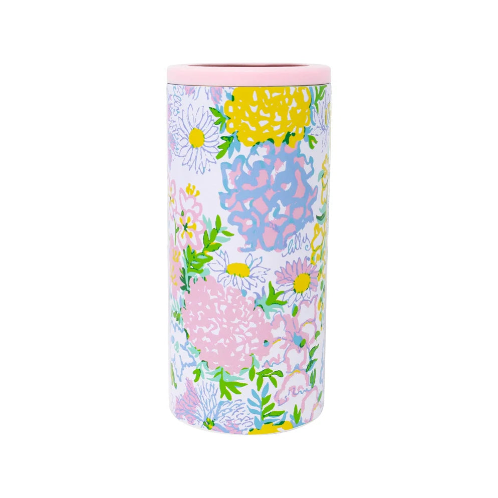 Lifeguard Press Skinny Can Holder, Lilly Garden Home floral-patterned cylindrical container with a pink lid