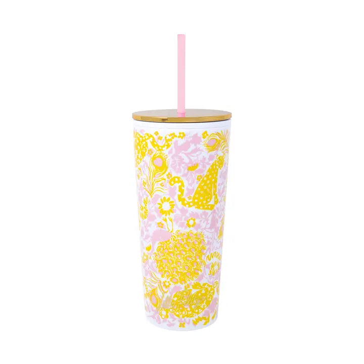 Lifeguard Press | Tumbler with Straw, Royal Zoo tumbler with yellow floral pattern
