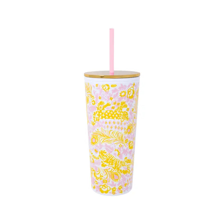 Lifeguard Press | Tumbler with Straw, Royal Zoo tumbler with yellow floral pattern