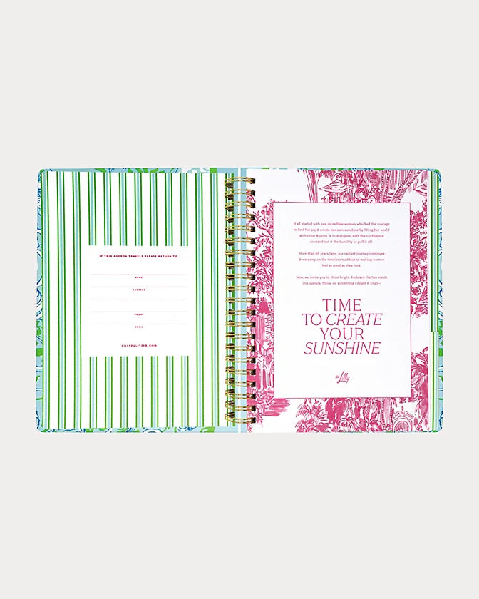 Lilly Pulitzer 2026-2027 17 Month Jumbo Agenda Spiral-bound planner with a decorative cover featuring sea shells and fish in the Color Day Dream Blue Throw Me A Line